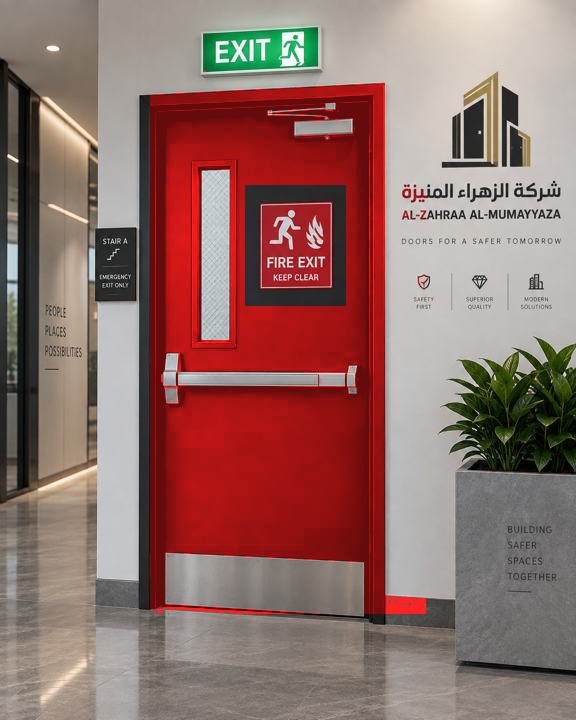 باب طوارئ أحمر بنافذة طولية