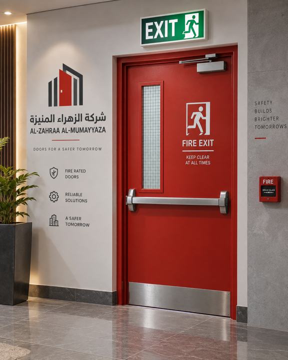باب طوارئ أحمر بلافتة خروج