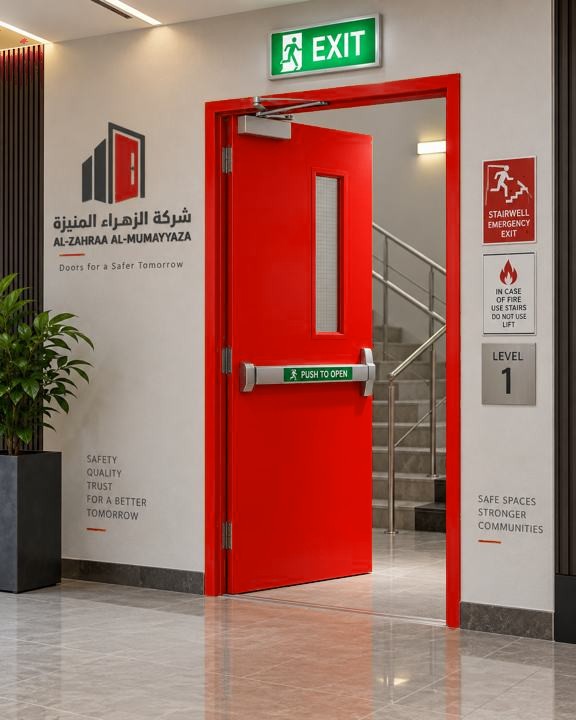 باب طوارئ أحمر مفتوح على درج