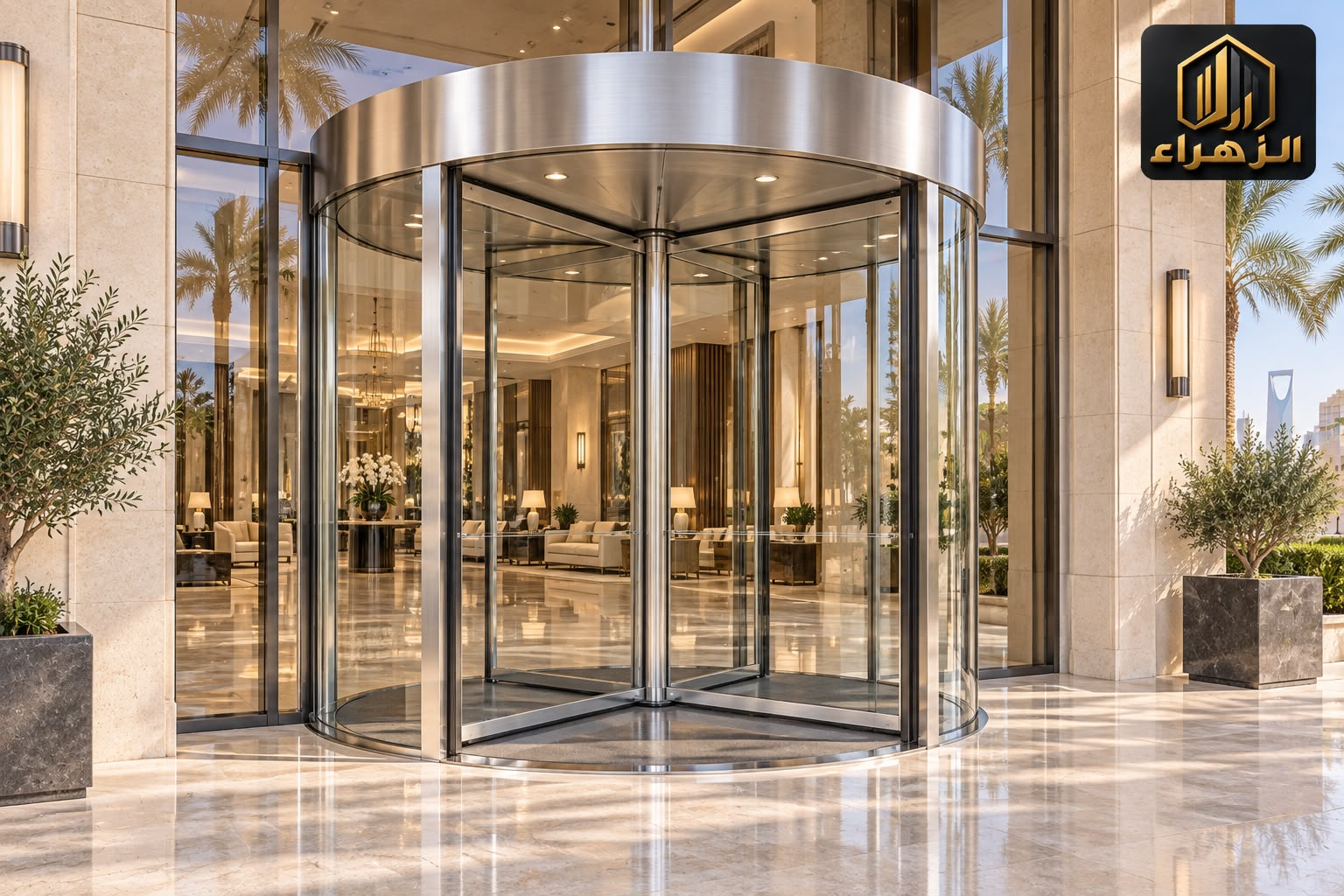 باب دوّار فضي لمدخل بهو / Silver-finish revolving door at a lobby entrance