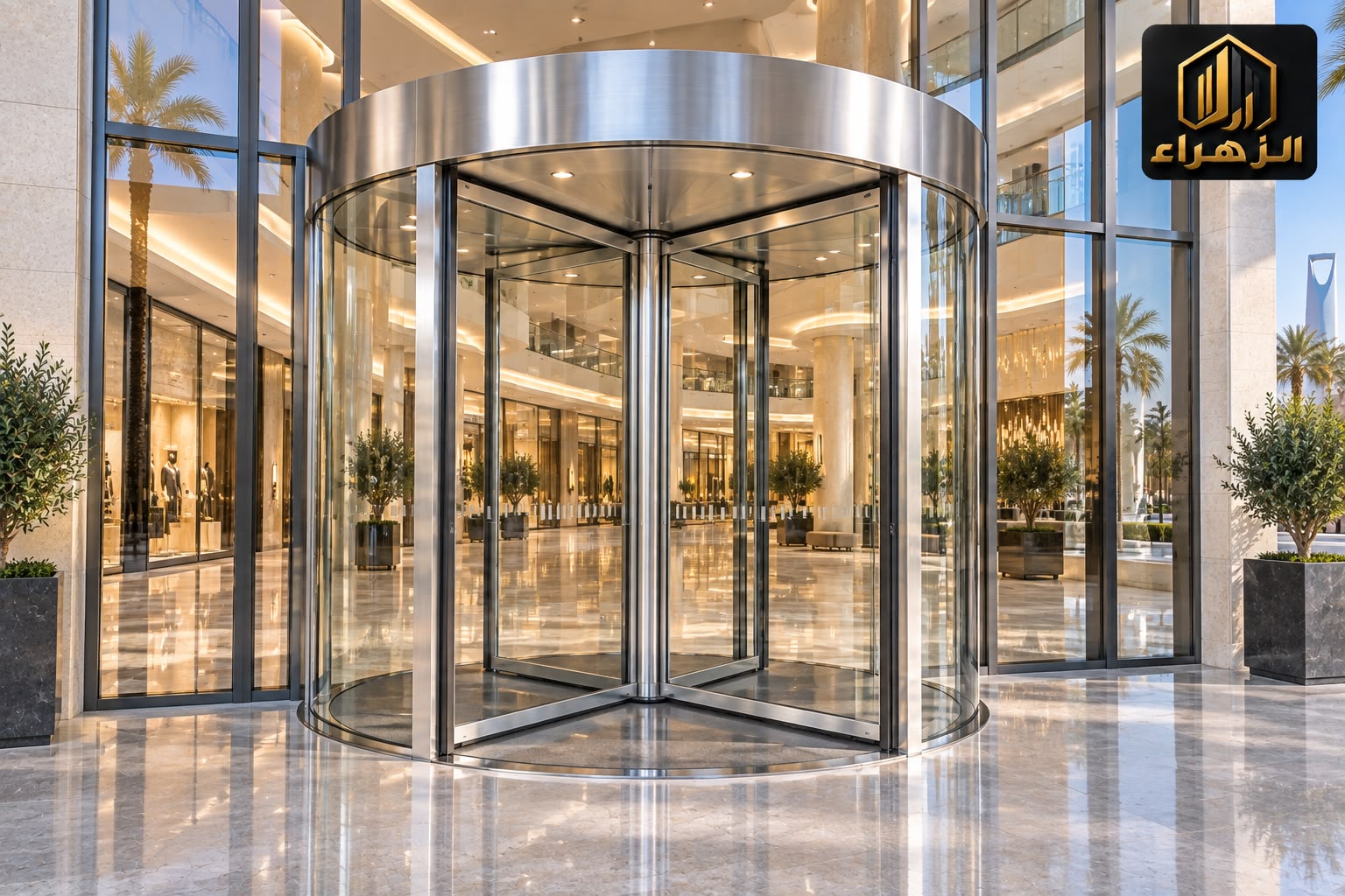 باب دوّار فضي لمدخل تجاري / Silver-finish revolving door at a retail entrance